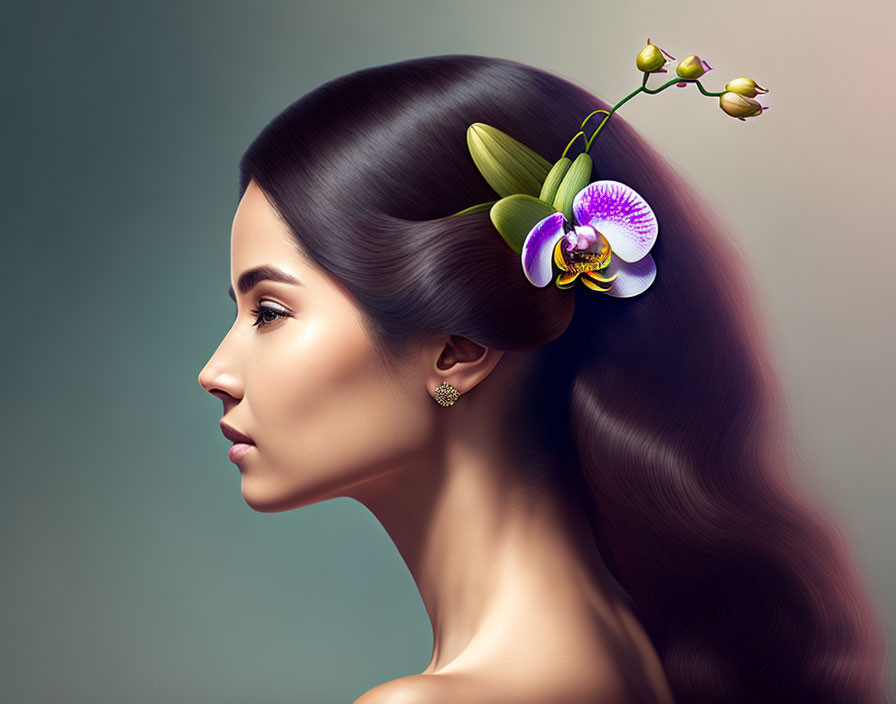 Profile view of woman with sleek hair and orchid against neutral background