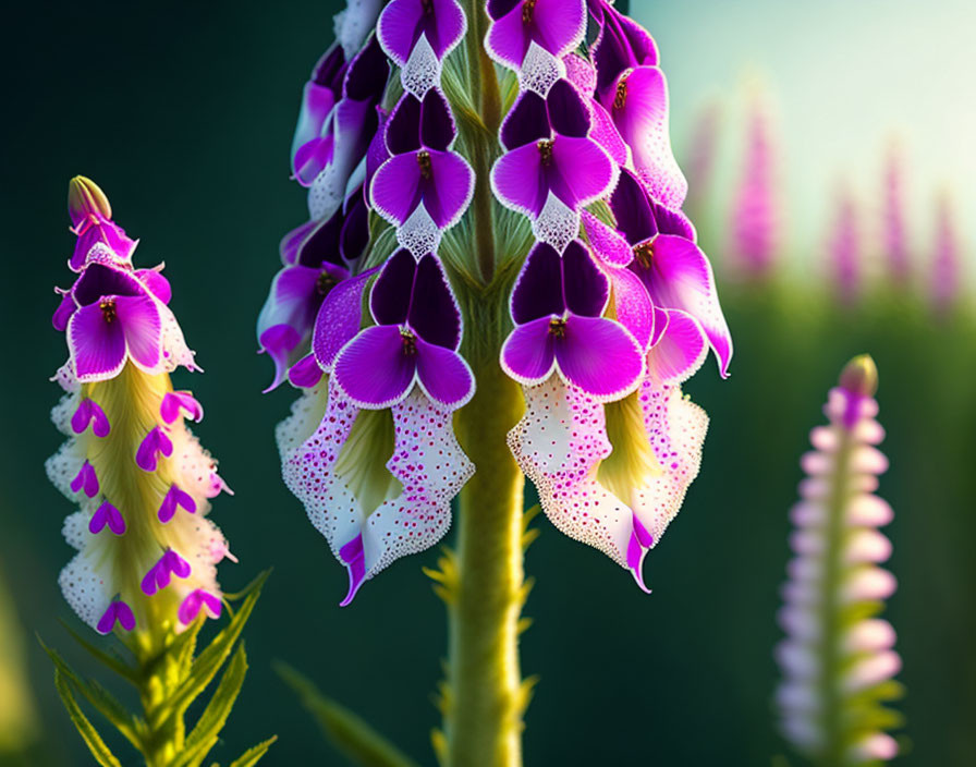 Purple Foxglove Flowers with White-Spotted Petals on Blurred Green Background