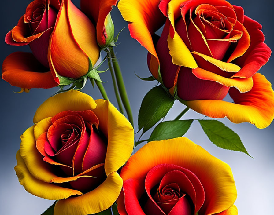 Bi-Colored Roses: Yellow and Red Petals on Gray Background