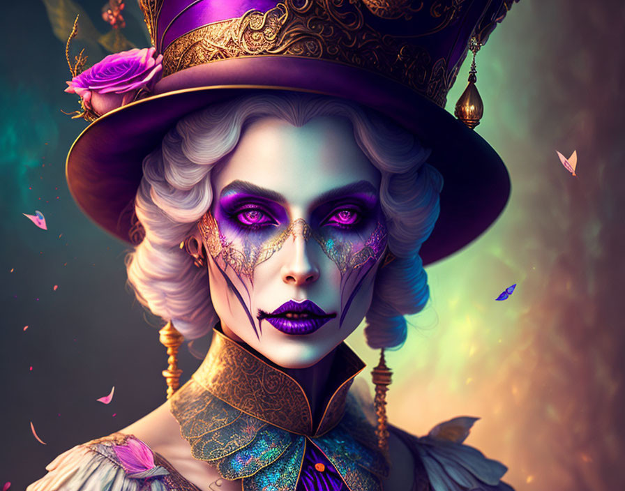 Elaborate Victorian-themed woman portrait with intricate makeup and costume