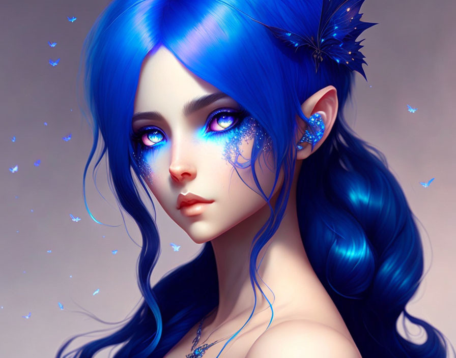 Vibrant blue hair female figure with glowing eyes and butterflies - fantasy theme