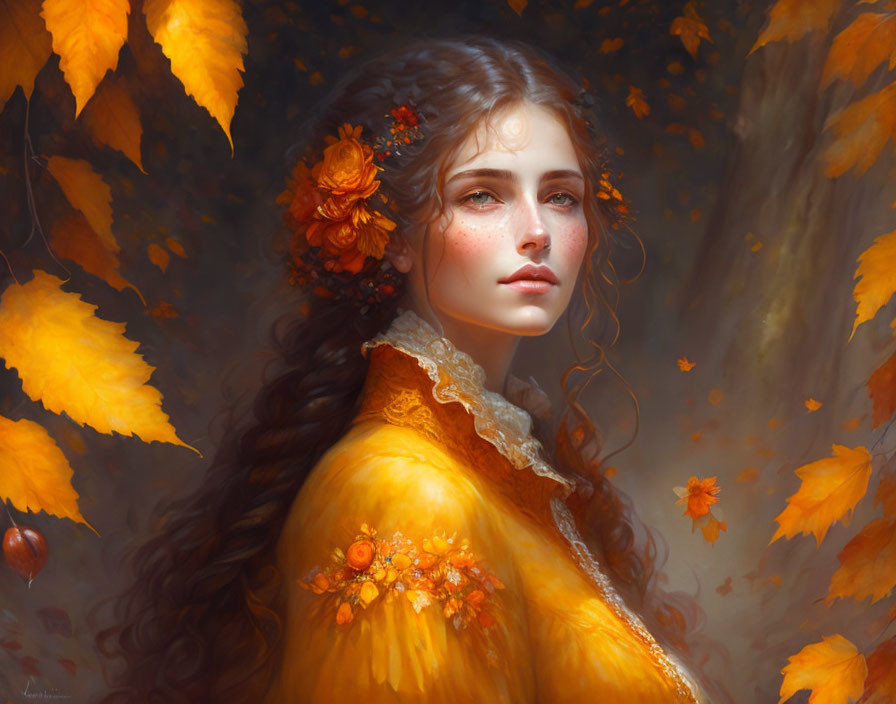 Woman with Autumn Leaves in Hair and Golden Shawl Surrounded by Falling Leaves