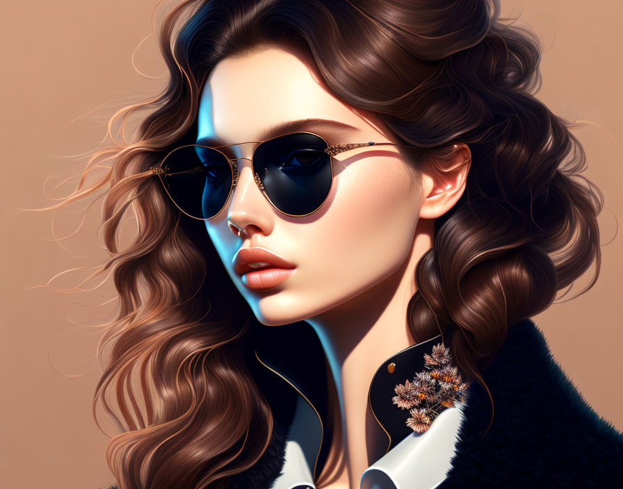 Fashionable woman with wavy hair and sunglasses in floral-detail jacket