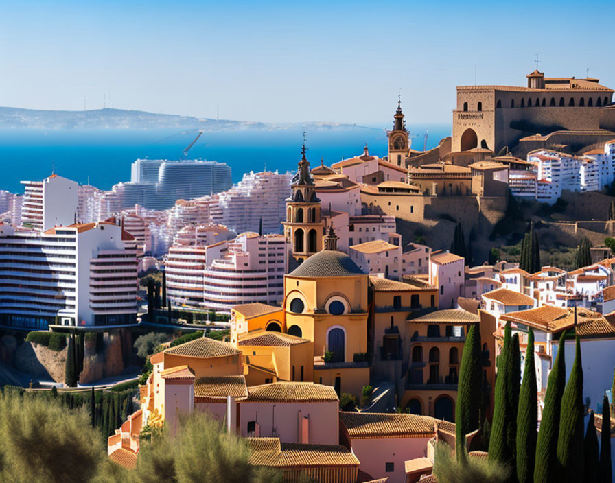 Layered buildings and terracotta roofs in coastal cityscape overlooking blue sea and church under clear sky