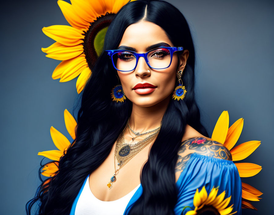 Woman with Long Black Hair and Blue Glasses Wearing Sunflower Earrings