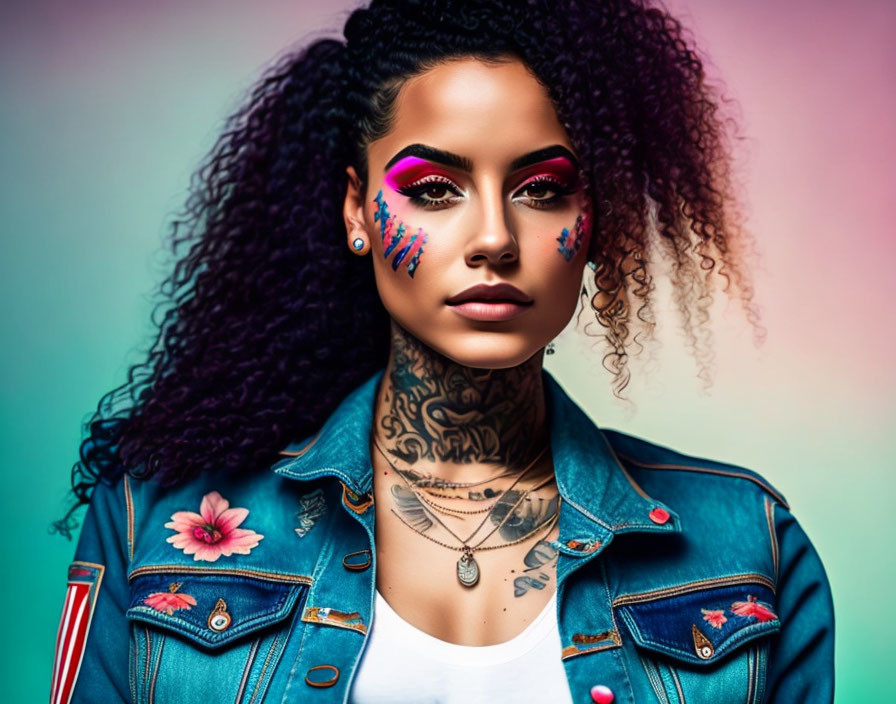 Curly-haired woman with bold makeup and face tattoos in floral denim jacket
