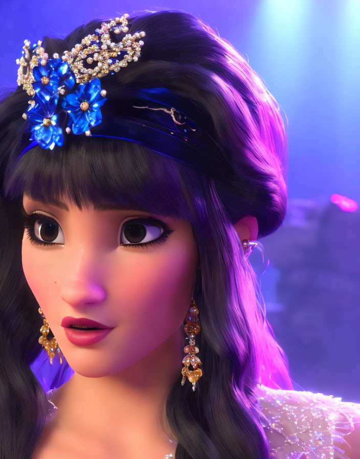 Close-up of 3D animated female character with expressive eyes, blue floral headpiece, and gold