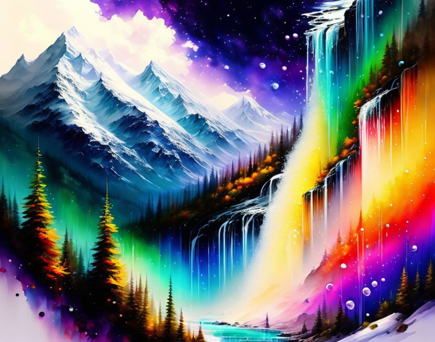 Majestic mountains, waterfalls, trees, starry sky in colorful landscape