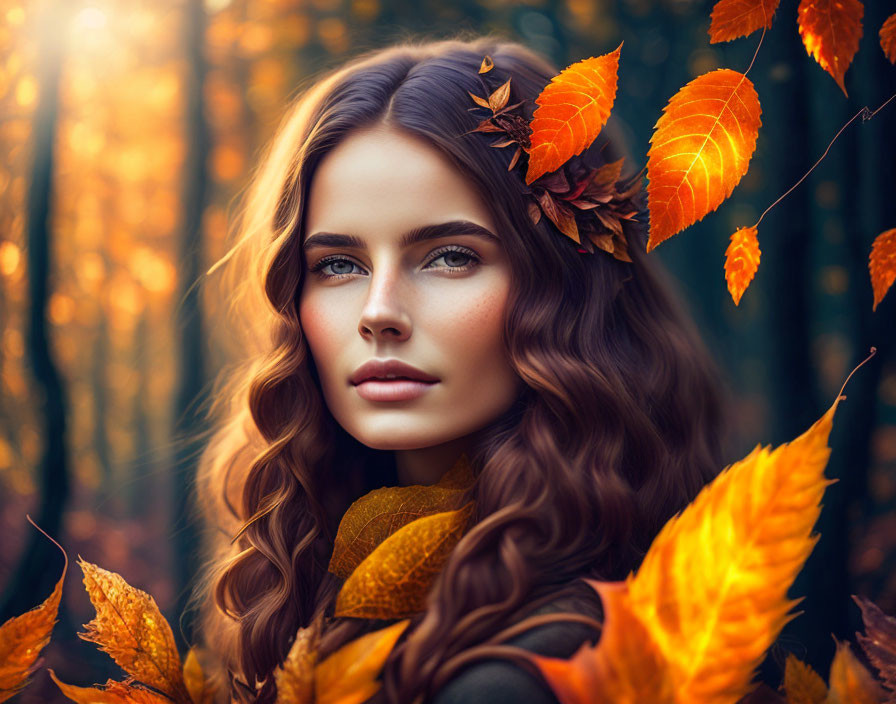 Portrait of woman with wavy hair and autumn leaves in golden forest light