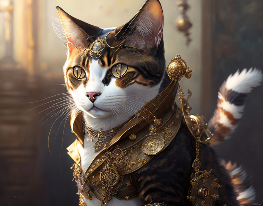 Regal cat in golden armor on softly lit backdrop