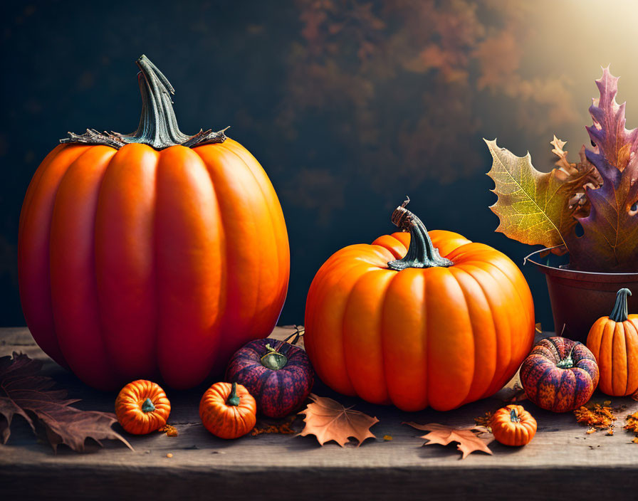 Assorted pumpkins and autumn leaves on wooden surface in fall setting