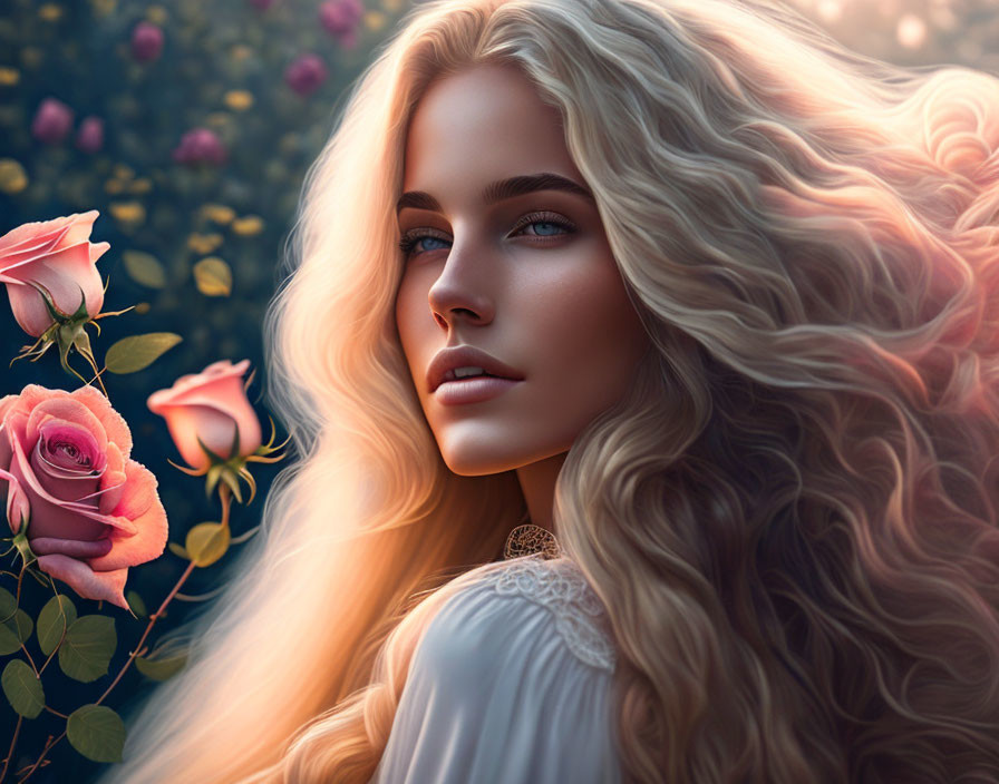 Blonde woman with curly hair among pink roses in soft light