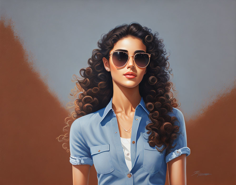 Woman with Voluminous Curly Hair in Blue Shirt and Sunglasses on Brown Background