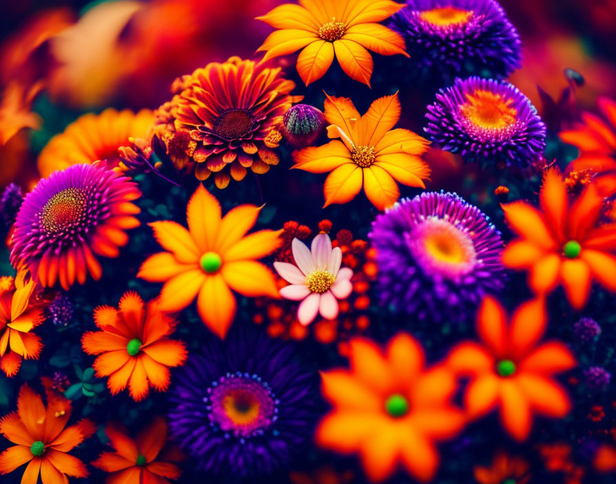 Colorful Garden Displaying Orange, Yellow, and Purple Flowers