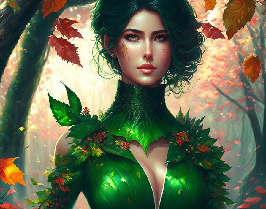 Woman in emerald green leafy attire with autumn leaves background.