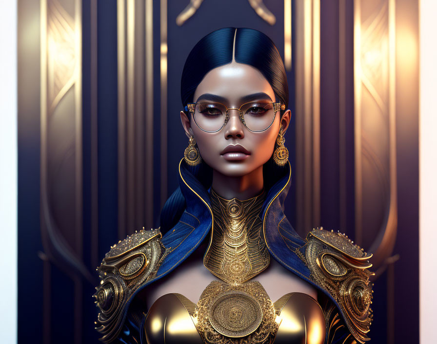 Female Figure in Golden Armor with Dark Hair and Glasses on Dark Background