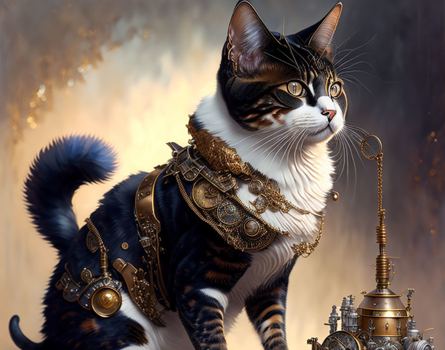 Regal tabby cat in steampunk armor with metallic device in warm light