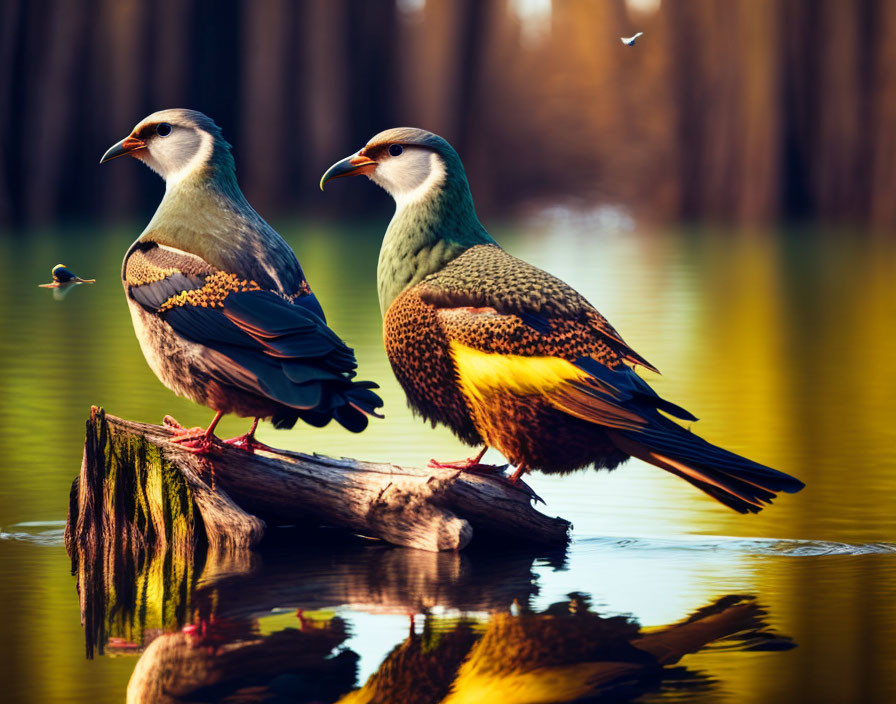 Colorful Birds Perched on Log Over Calm Water with Tree Reflection