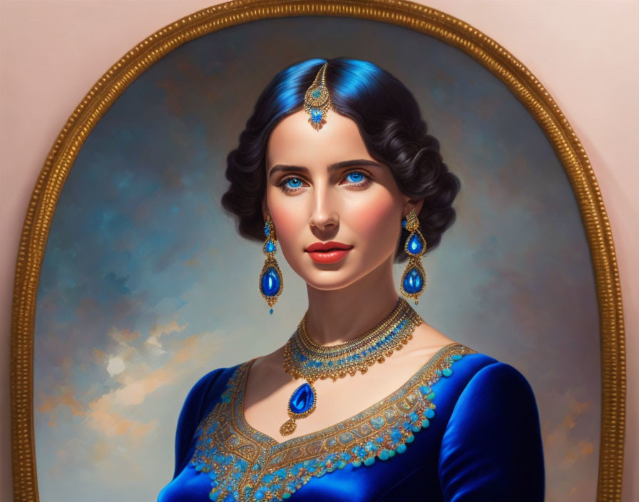 Portrait of woman with dark hair in royal blue attire and blue jewelry in golden oval frame