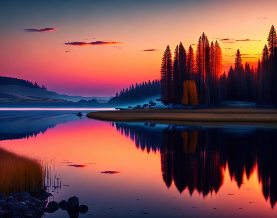 Tranquil Sunset Scene: Serene Lake, Orange and Purple Hues, Silhouetted