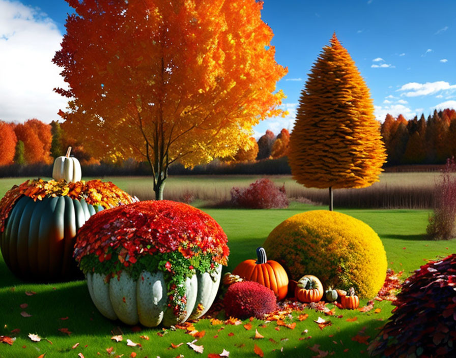 Vibrant autumn landscape with colorful trees and pumpkins under clear sky