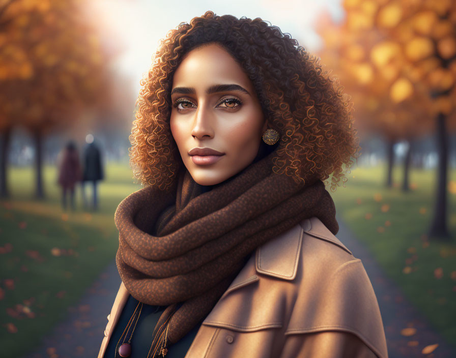 Curly-haired woman in warm scarf in autumn park with golden leaves.