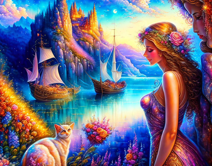 Fantasy artwork of woman, cat, sailboats, floral landscape, starry sky