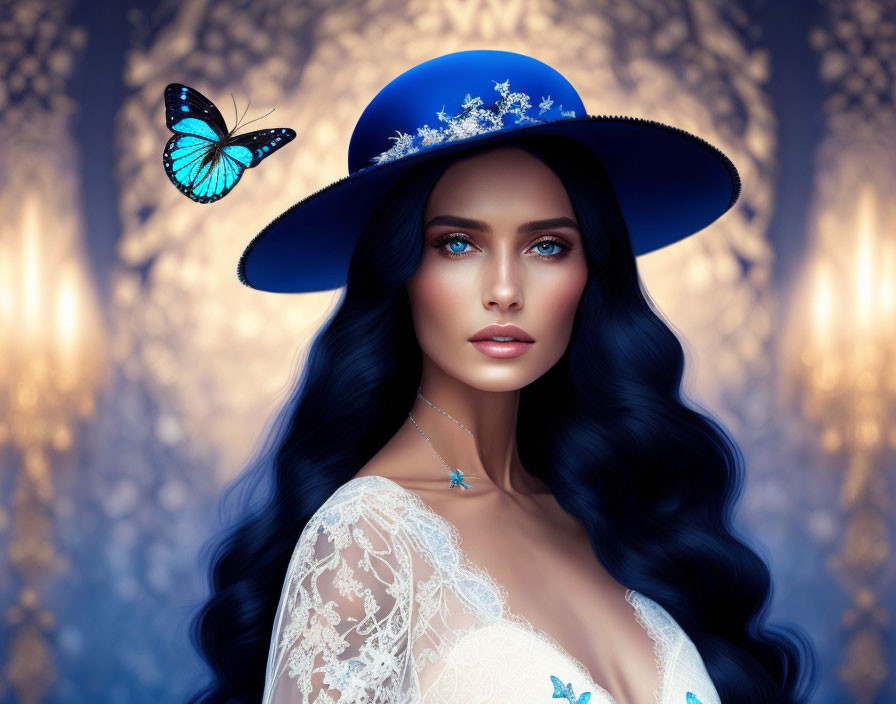 Digital artwork: Woman with blue wavy hair in flowered hat with butterfly on blue bokeh background