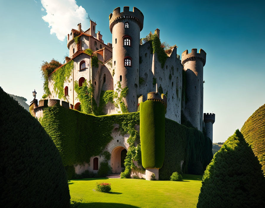 Castle with Cylindrical Towers and Ivy-Covered Walls in Fairy-Tale Setting