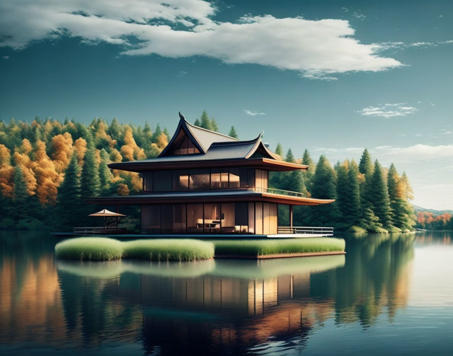 Tranquil Island House Surrounded by Autumnal Forest and Water