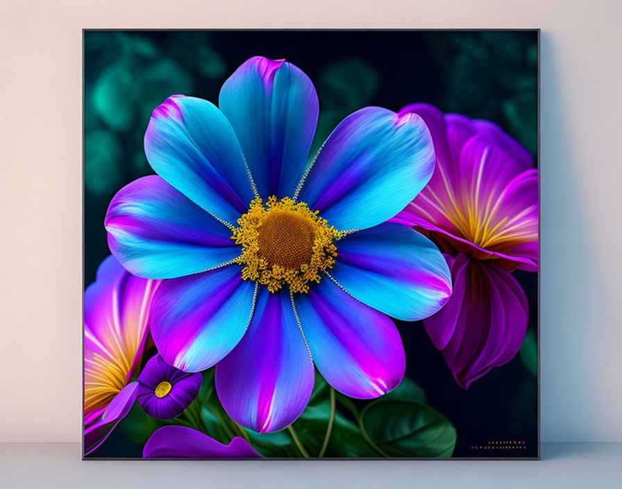 Colorful digital flower artwork on canvas against gray wall