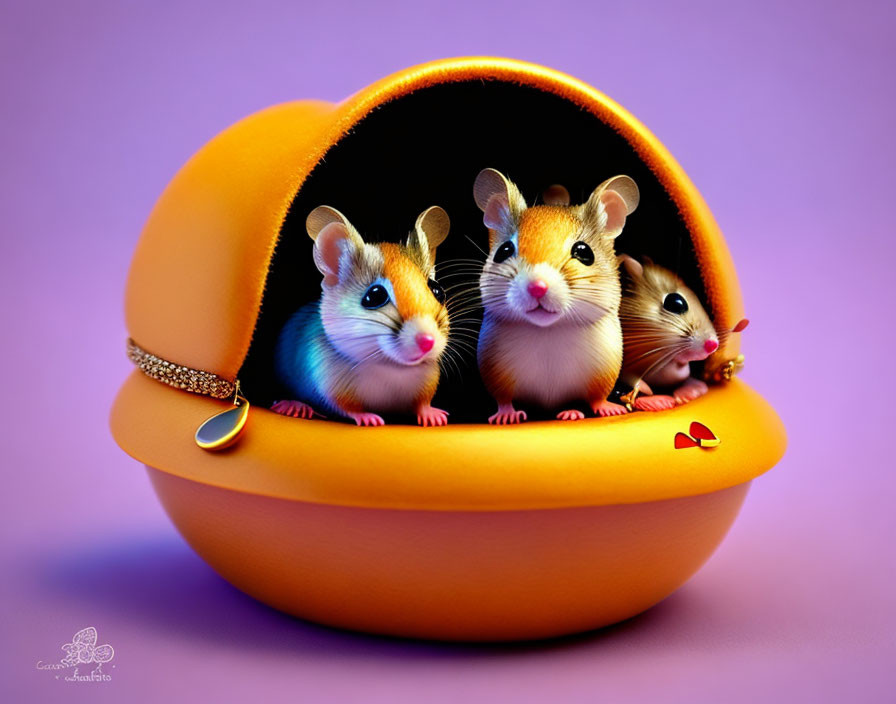 Four cute gerbils in orange hat container on purple background