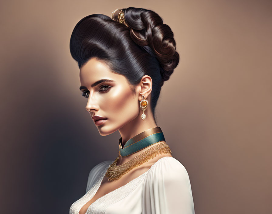 Woman with elegant updo, gold earrings, choker, white dress on brown background