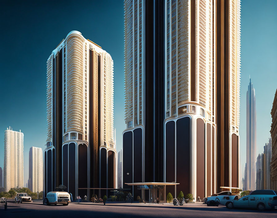 Modern skyscrapers with arched tops and intricate facades under clear blue sky