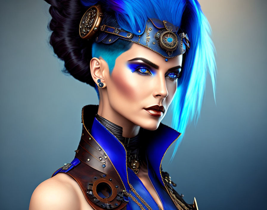 Vibrant blue hair woman in steampunk attire with gears and metallic elements