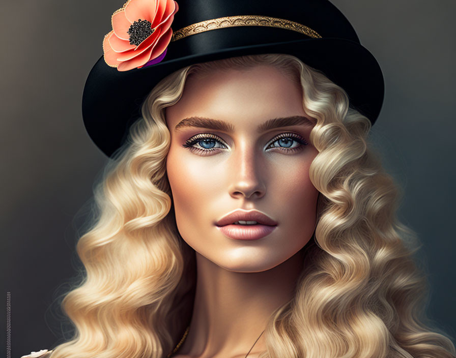 Blonde Curly-Haired Woman in Black Hat with Gold Band Portrait