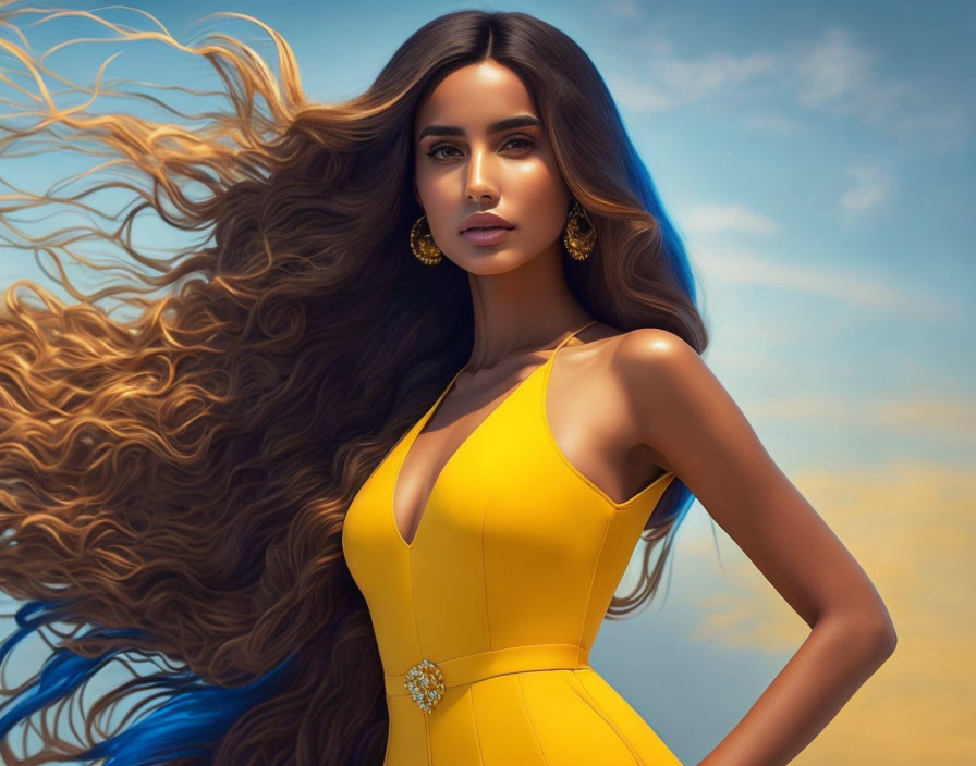 Digital artwork: Woman in yellow dress with flowing hair on sky-blue background