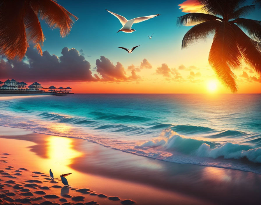 Sunset scene: tropical beach with palm trees, overwater bungalows, waves, and se