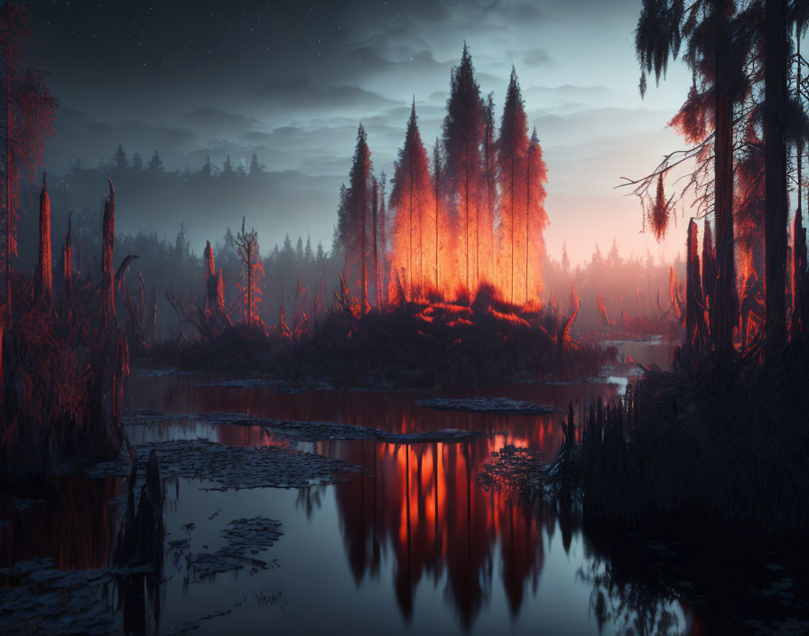 Tranquil forest reflected in still water at night