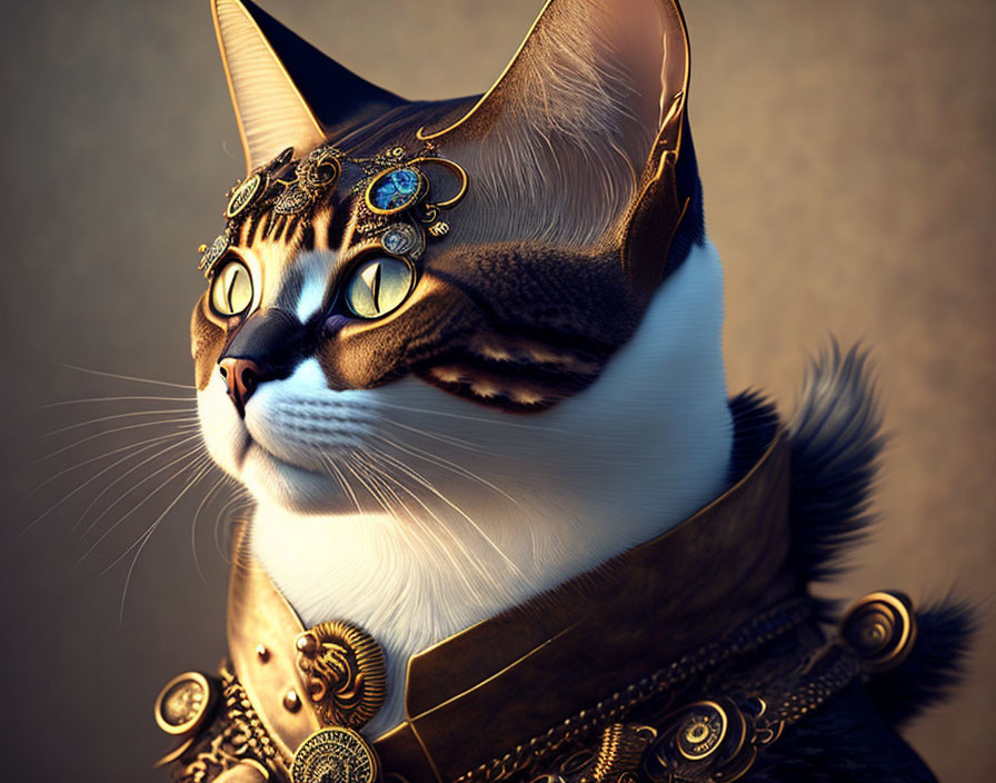 Regal cat digital artwork with ornate golden headgear and armor