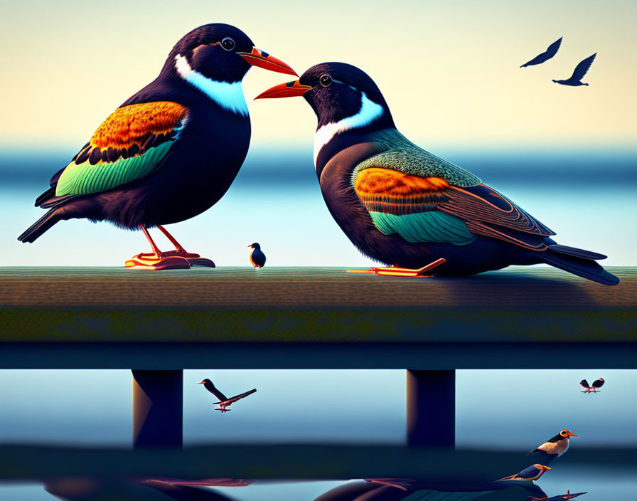 Stylized birds perched on railing by calm water at sunset