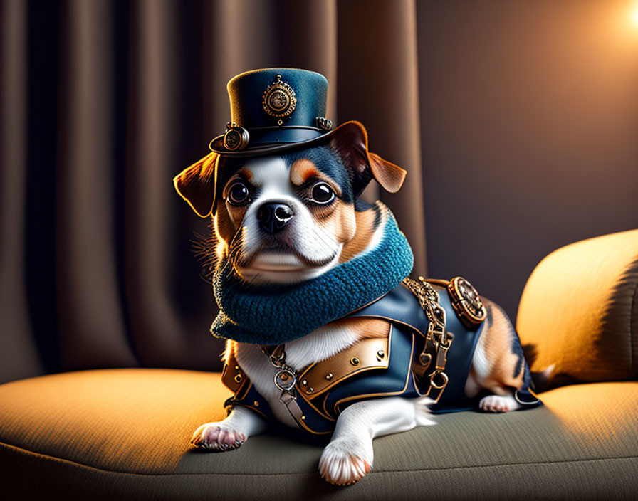 Steampunk Outfit: Small Dog with Top Hat and Goggles on Couch