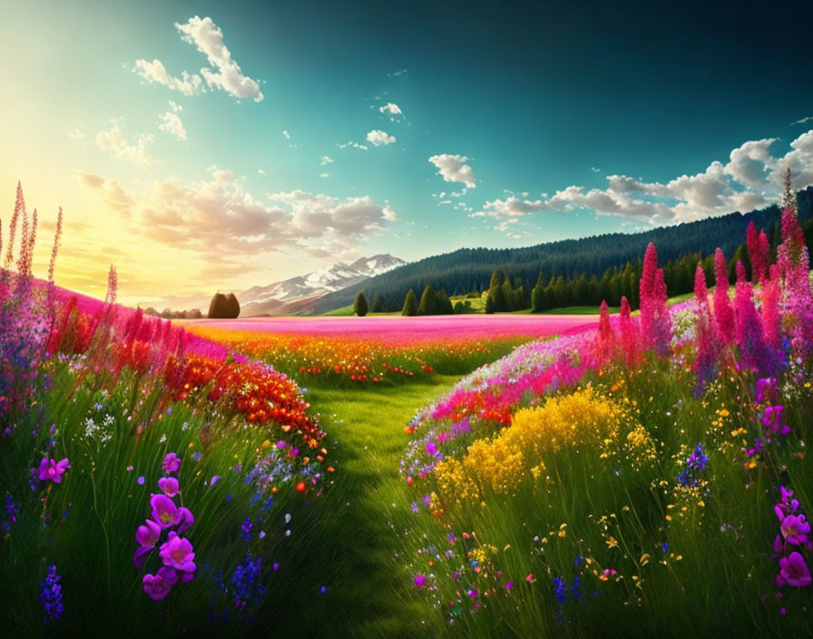 Colorful flower field with mountains and forest view