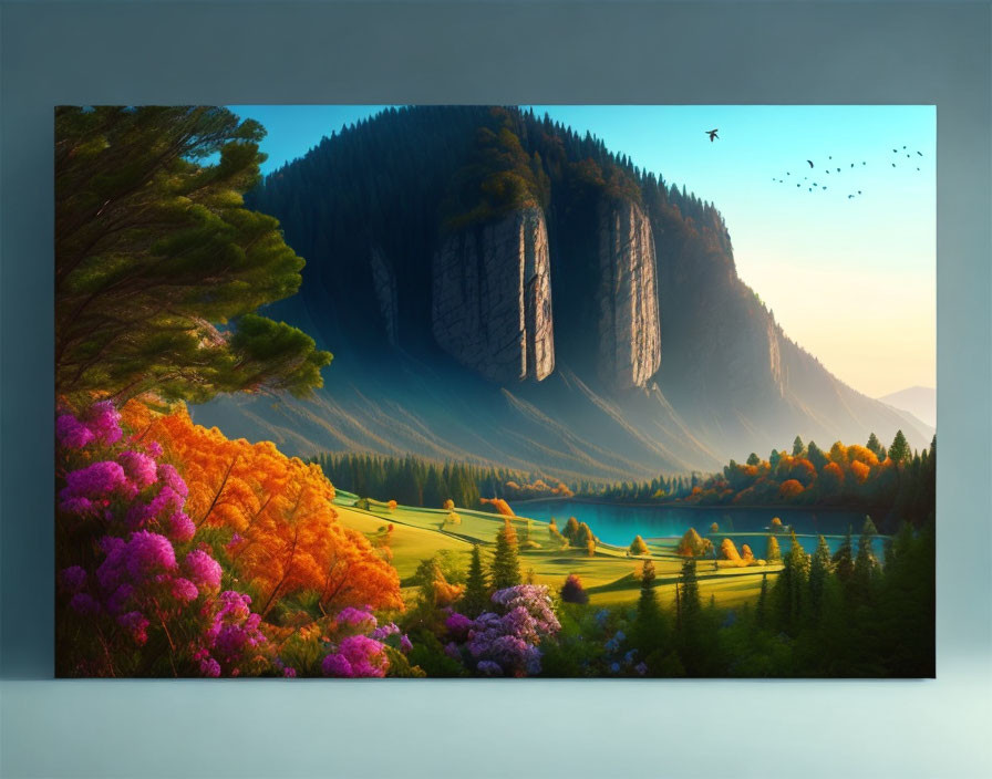 Tranquil landscape with lush valley, river, hills, cliffs, and birds in warm sky