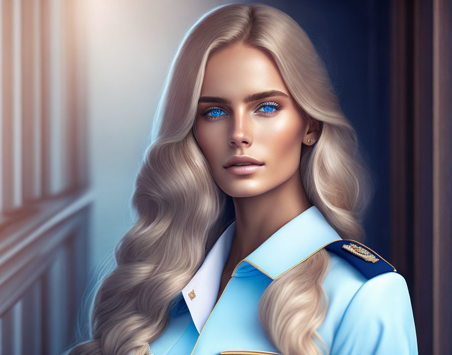 Digital artwork: Woman with long blonde hair, blue eyes, in military-style uniform by window