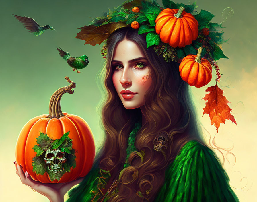 Woman in autumn attire holding skull pumpkin with birds and foliage