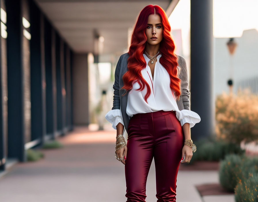 Red-haired woman in white blouse and blazer striding confidently outdoors