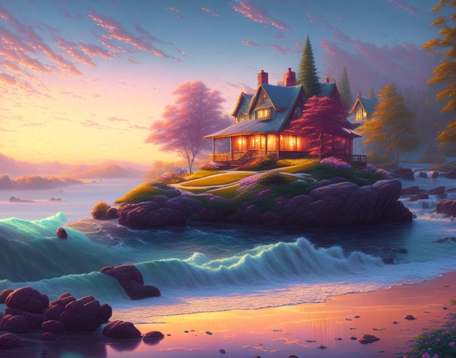 Idyllic cottage on lush hill by serene river at twilight