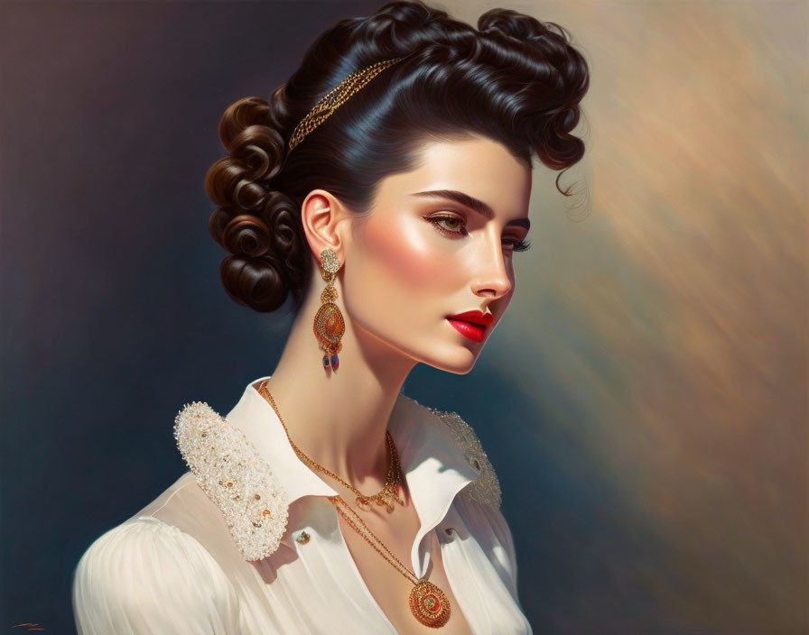 Vintage hairstyle woman portrait with gold chain and elegant attire