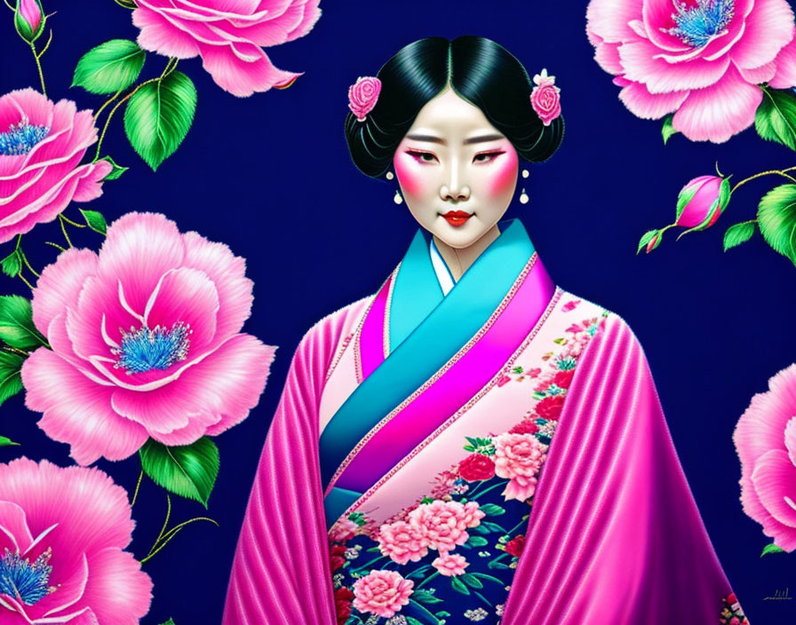 Detailed digital illustration of woman in Asian attire with floral patterns on vibrant blue background.